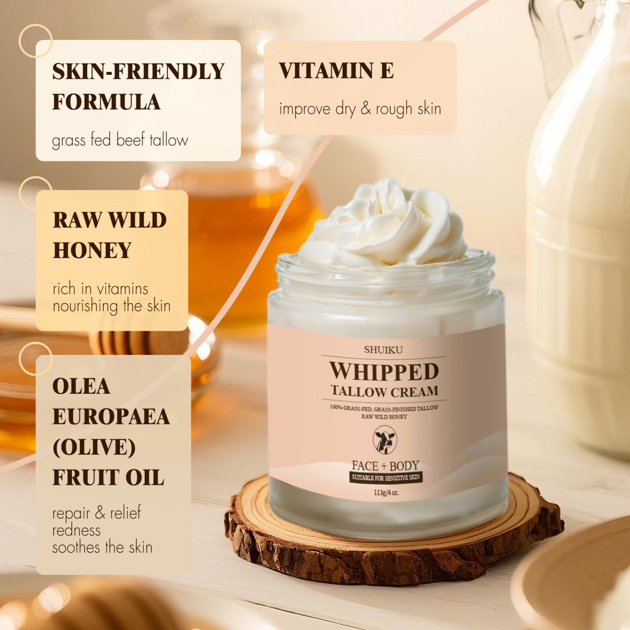 Whipped Beef Tallow for Skin - Organic Grass Fed Beef Tallow and Honey Balm Moisturizer