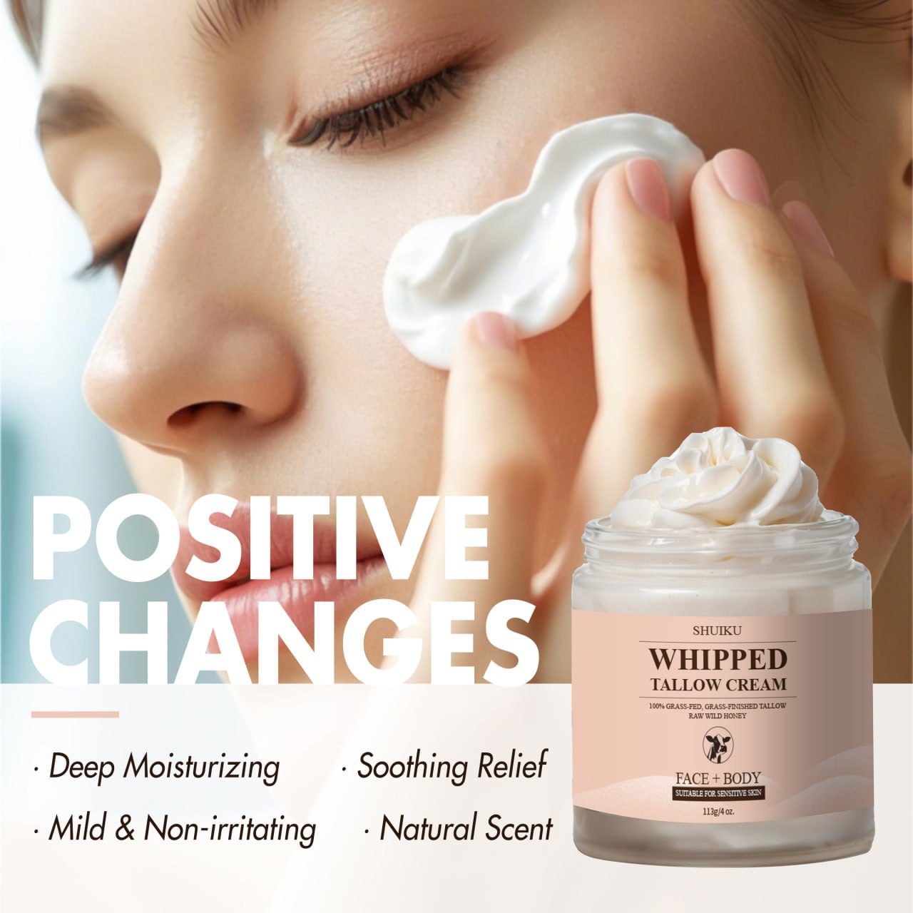 Whipped Beef Tallow for Skin - Organic Grass Fed Beef Tallow and Honey Balm Moisturizer