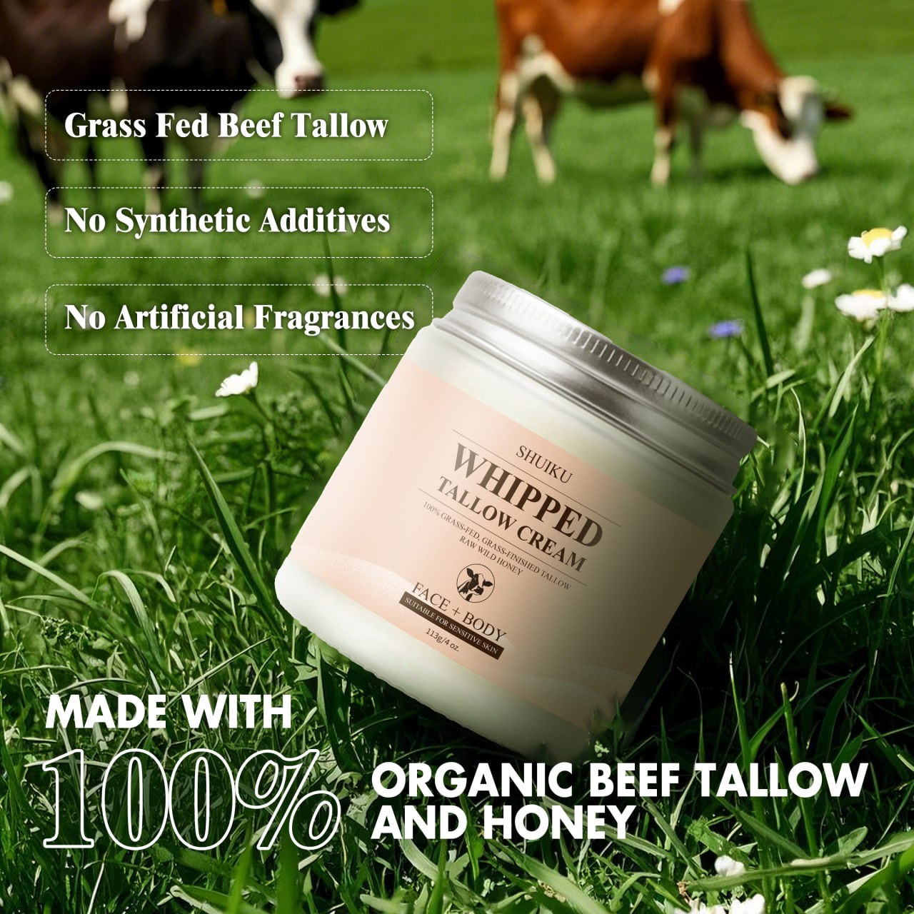 Whipped Beef Tallow for Skin - Organic Grass Fed Beef Tallow and Honey Balm Moisturizer
