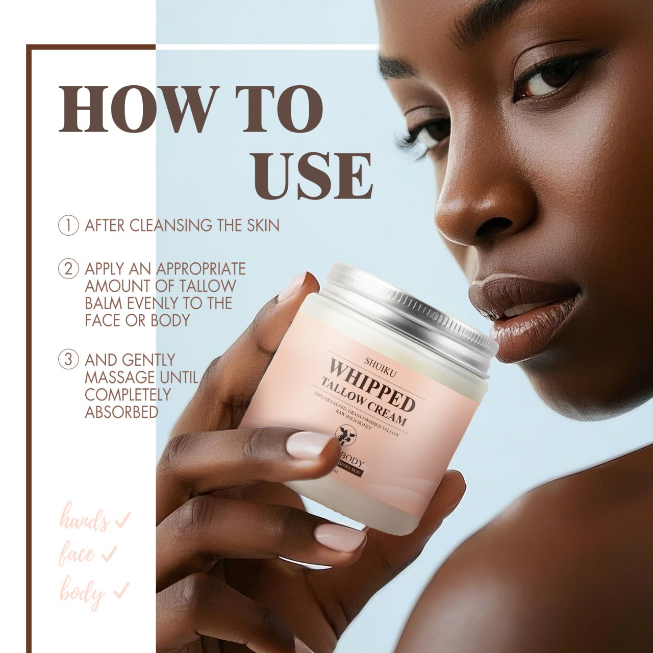 Whipped Beef Tallow for Skin - Organic Grass Fed Beef Tallow and Honey Balm Moisturizer